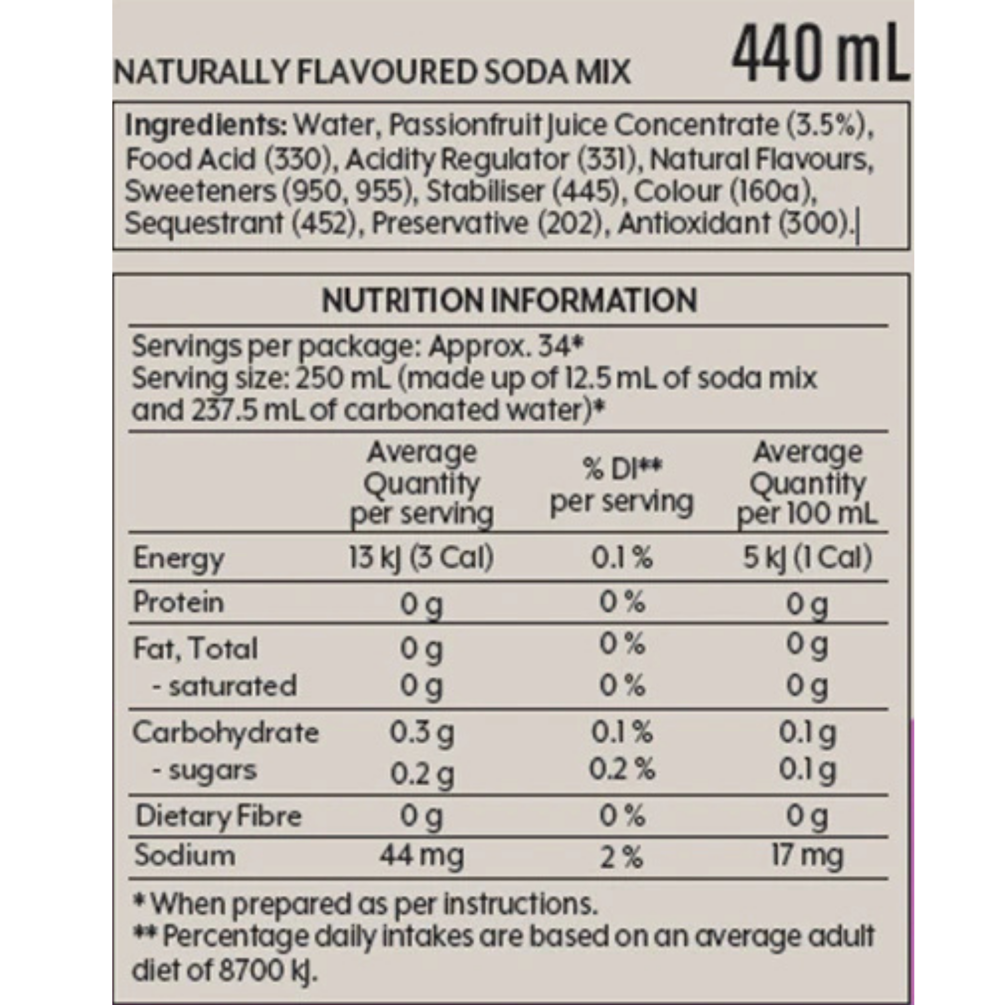 Classics Diet Passionfruit Soda Drink Mix 440ml